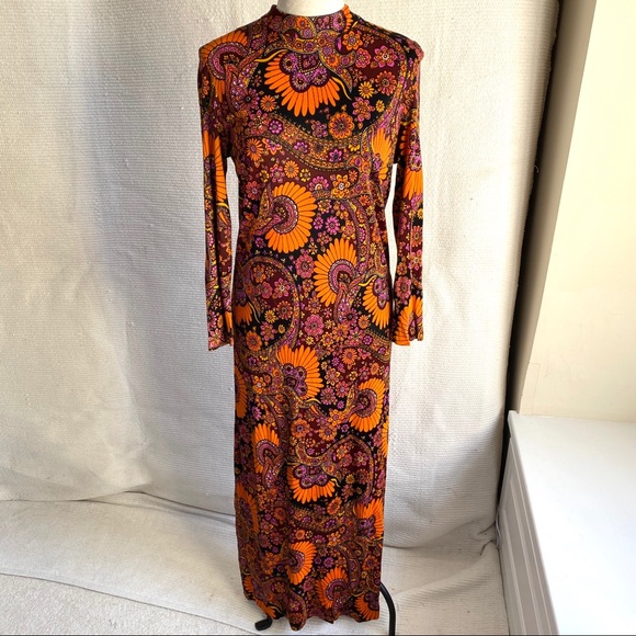 Vintage Dresses & Skirts - Vintage 60s 70s M Dress Psychedelic Paisley Print Maxi